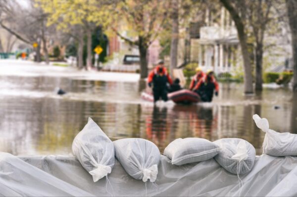an image of sandbags blocking flood water